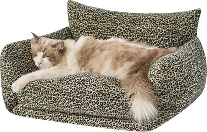 Hollypet Cat Bed Fluffy Plush Mutifuctional Double-Layer Soft Pet Couch Orthopedic Sofa Nest Beds for Small Cats and Dogs, Black Leopard (25x20x13 inch)