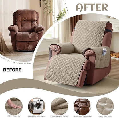 KinCam 100% Waterproof Recliner Chair Cover, Reclining Couch Covers for Pets, Dogs, Recliner Couch Slipcover Furniture Protector with Elastic Straps for Kids(25", Khaki)