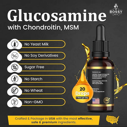 Liquid Glucosamine for Dogs & Cats - Advance Joint Support Supplement - Supplement with Chondroitin, MSM, Hyaluronic Acid, Biotin, Collagen Peptides & Taurine - Max Potency