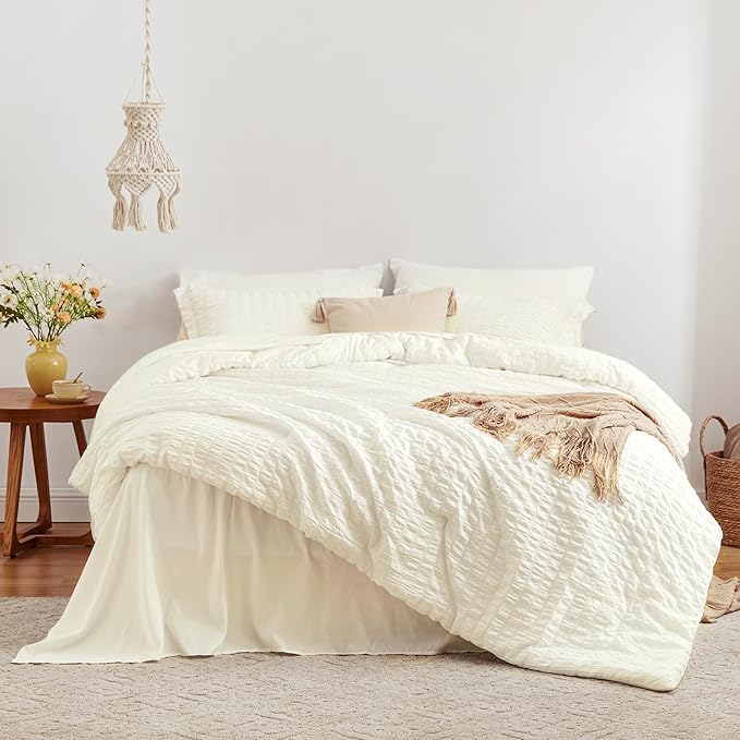 Love's cabin Seersucker Ivory California King Comforter Set, 7-Piece All Season Lightweight Bed in a Bag Bedding Set with Comforter, Flat Sheet, Fitted Sheet, Pillowcases and Shams | Soft, Breathable, Lightweight