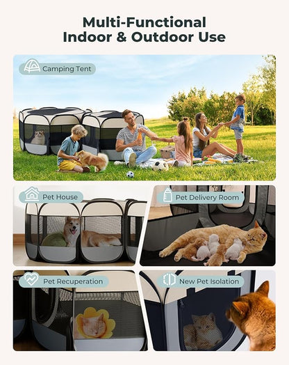 Cat Playpen, 60"x 24" Large Portable Puppy Playpen, 2-Room Foldable Dog Playpen for Indoor Outdoor Dogs, Cats, Small Animals with Carrying Case