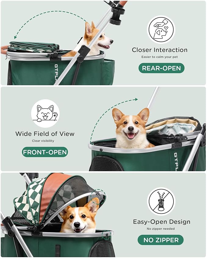 GTPLAYER 3 in 1 Pet Stroller with Removable Carrier, Foldable Stroller for Small/Medium Dogs and Cats, All-Terrain, with Sun Shades, Car Seat, Up to 45 lbs, Green
