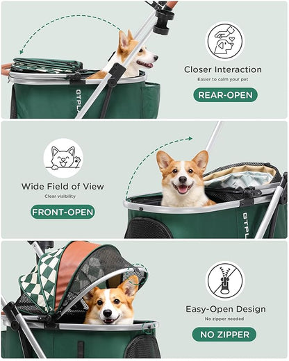 GTPLAYER 3 in 1 Pet Stroller with Removable Carrier, Foldable Stroller for Small/Medium Dogs and Cats, All-Terrain, with Sun Shades, Car Seat, Up to 45 lbs, Green