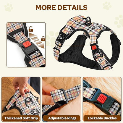 FURRYFECTION Plaid Dog Harness for Medium Dogs, Reflective No Pull Adjustable Pet Vest with Front Clip, Leash, Easy Control Handle and Seat Belt, Beige&White, M
