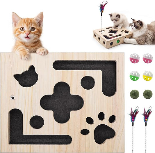 Cat Toys for Indoor Cats - Cat Nail File Box with Interactive Cat Toys, 2026 Upgraded Cat Puzzle Feeder Scratch Puzzle Toy for Indoor Cats, Natural Claw Care with 2 Wand Toys&Catnip Ball&4 Bell Ball