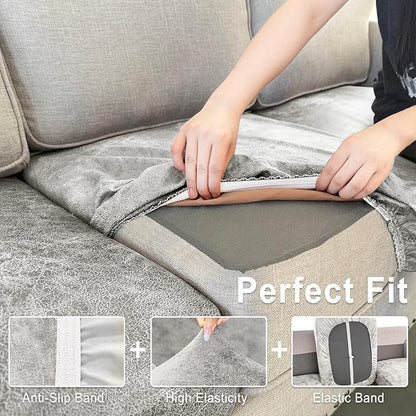 ANARACHON Leather Look Couch Cushion Covers Sofa Seat Slipcovers Sets Couches Furniture Protector for Sectional Armchair Loveseat Pets Kids Stretch Spandex Fabric (3 Cushion Sofa, Griege)