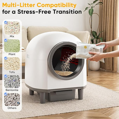Self Cleaing Litter Box for Multiple Cats, 88L Large Smart Automatic Cat Litter Box with App Control, Health Monitoring, Integrated Safety Sensors, Odor Removal, Mat, Liners (White)