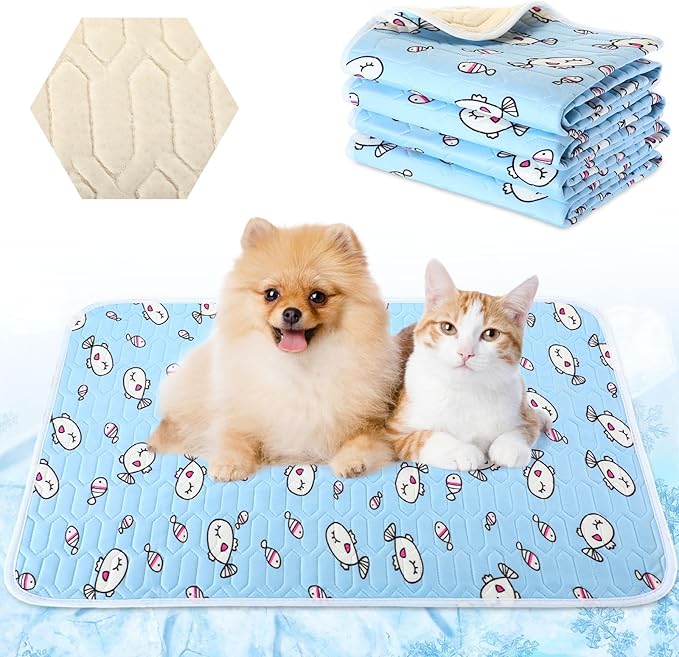 Colingmill 4 Pcs Dog Cooling Mat 28'' x 20'' Pet Cooling Mat for Dogs Cat Summer Self Cooling Mat Ice Silk Chill Pads Washable Cooling Bed Cooling Cushion for Kennel Crate Car Seat Puppy, Blue