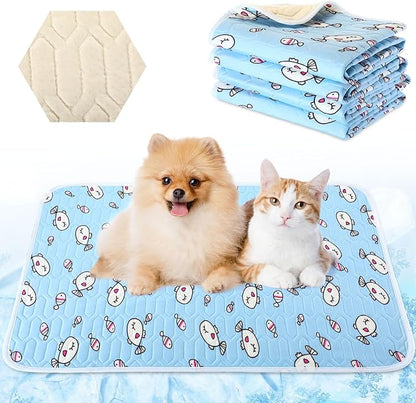 Colingmill 4 Pcs Dog Cooling Mat 28'' x 20'' Pet Cooling Mat for Dogs Cat Summer Self Cooling Mat Ice Silk Chill Pads Washable Cooling Bed Cooling Cushion for Kennel Crate Car Seat Puppy, Blue