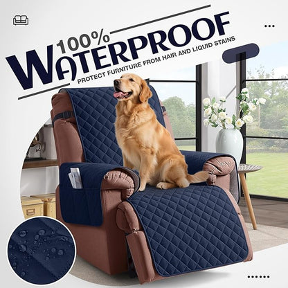 KinCam 100% Waterproof Recliner Chair Cover, Reclining Couch Covers for Pets, Dogs, Recliner Couch Slipcover Furniture Protector with Elastic Straps for Kids(23.6", Dark Blue)