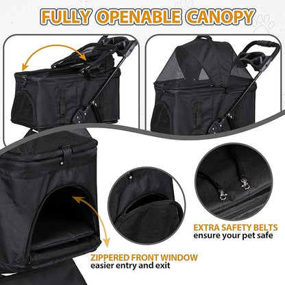 Pet Stroller 4 Wheels Dog Cat Stroller for Small Medium Dog Cats Carrier Jogger Travel Foldable Puppy with Detachable Carrier