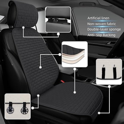 Linen Car Seat Covers Front Seat Covers - 2 PCS Durable & Non-Slip Breathable Cloth Fabric Car Seat Protector, Universal Fit for Most Automotive, Vans, SUVs, Trucks - Black