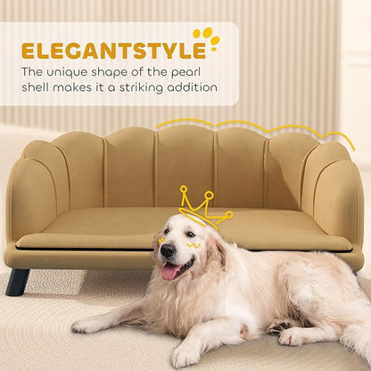 PawHut Velvet Large Dog Couch with Foam Cushion, Soft and Cute Dog Bed with Pearl Design, Pet Sofa for Big and Medium Breeds, Coffee