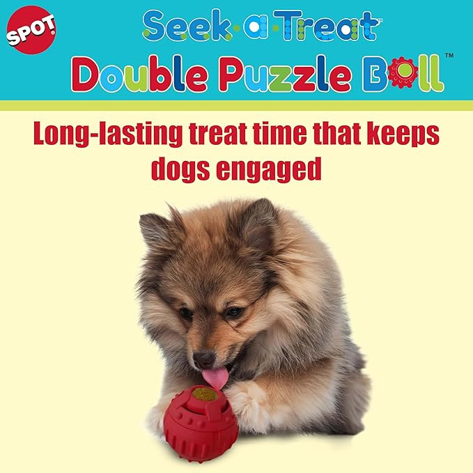 SPOT Seek-A-Treat Double Puzzle Ball Dog Toy, 3.25 in Durable Rubber Treat Dispenser with Dual Openings for Mental Stimulation & Long-Lasting Play, for Dogs up to 50 lbs
