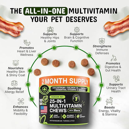 Pets are Kids 25-in-1 Dog Multivitamin - Pet Vitamins and Supplements with LBiome™, Colostrum & Salmon Oil for Gut, Allergy, Mobility & Immune Health - Bacon Flavored, Dog Supplements - 60 Chews