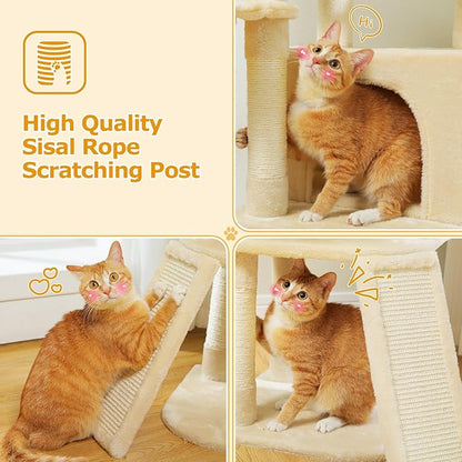 MUTTROS Cat Tree, Multi-Level Cat Tower for Indoor Cats, Cat Climbing Tree Condo with Sisal Covered Scratching Posts, Deep Hammock and Interactive Cat Toy, Beige