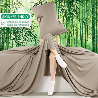 SONORO KATE 100% Viscose Derived from Bamboo_Sheets, Ultra Breathable & Cooling Bed Sheets for Hot Sleepers, Hotel Luxury Silky Bedding Sheets, 16" Deep Pocket - 4PC (Simply Taupe,Cal King)