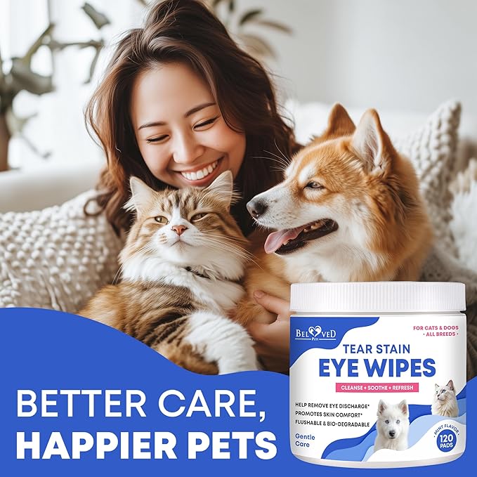Beloved Pets Cat & Dog Eye Wash Wipes & Tear Stain Remover, Cleaner | Eye Infection Treatment Helps Prevent Pink Eye, Relief Allergies Symptoms, Runny, Dry Eyes - Safe for Small Animals