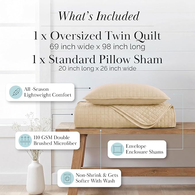 Southshore Fine Living, Inc. Twin XL Comforter Quilt Bedding Set, Dorm Room Essential Bedding, Stain Resistant, Machine Washable Bedspread, XL/Twin Beige Quilt Bed Spread w/Pillow Sham, Soft Sand
