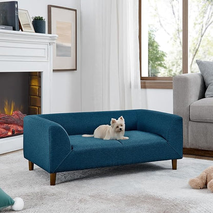 Dog Sofa Couch for Medium Dogs with Backrest and Armrest, Memory Foam Dog Sofa Bed, Modern Elevated Pet Couch Bed with Wooden Legs, Blue
