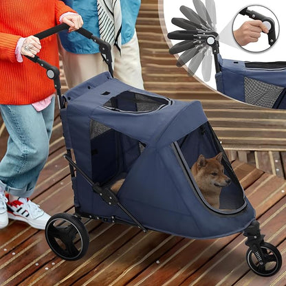 Pet Stroller for Large Dogs or Multiple Dogs Cats with Adjustable Handle, 3-Wheels Dual Entry Visible Portable Dog Carting Easy Folding Pet Wagon Double Dog Stroller up to 55 lbs, Navy Blue