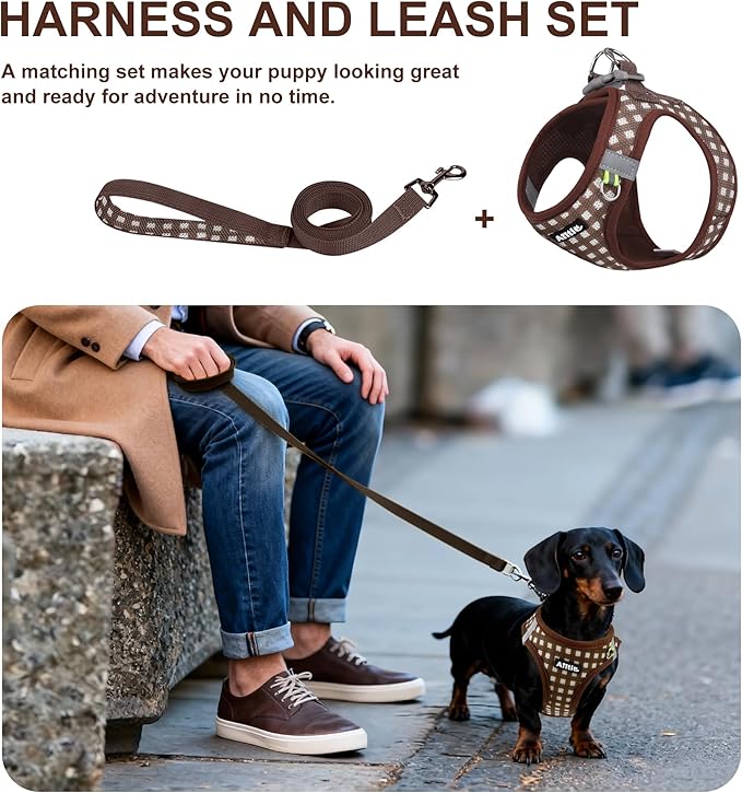 AIITLE Breathable Mesh Dog Vest Harness, No Pull Escape Proof Vest Harnesses with Reflective Bands, Adjustable Plaid Pet Outdoor Harnesses for Small and Medium Dogs Chocolate M
