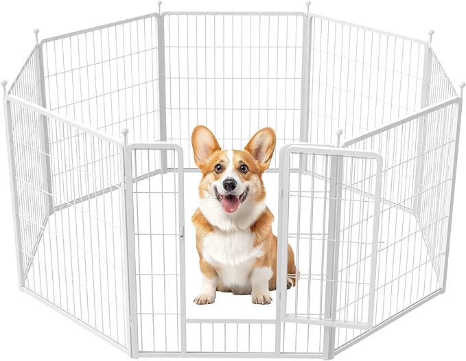 HealSmart Indoor and Outdoor Dog Playpen, 32 Inches High, 8 Panels to Assemble, Sturdy and Durable for Yard, Camping, Designed for Small/Medium-Sized Dogs, White