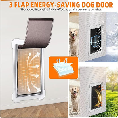 MIAOTONG 3-Flap Dog Door for Wall, Energy-Efficient Insulated Pet Door for Wall, Aluminum Lock Doggy Doors,Steel Frame and Telescoping Tunnel Dog Doors (Pets Up to 220 Lb) -X-Large