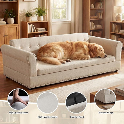 Elevated Dog Sofa for Medium to Large Dogs, Button Tufted Dog Couch Bed with Backrest and Armrests, Durable Memory Foam Pet Bed, Removable Cushion for Medium and Large Dogs, Beige