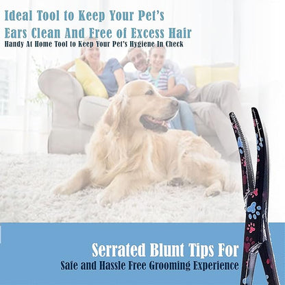 Dog Pet Ear/Nose Hair Puller Grooming Hemostat Locking Forceps Curved Pliers, 5.5" (14cm) Full Serrated Clamps Stainless Steel (Black Multi Paws)