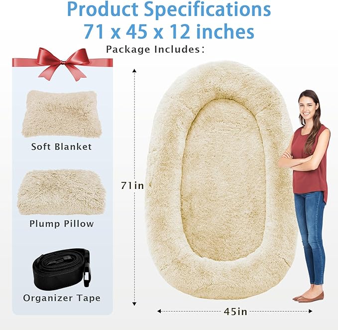 Human Dog Bed, 71''x45''x12'' Size Fits People and Pet 10 CM Thick Memory Foam Washable Adult Large Bed Giant Oversize Foldable Dog Bed with Plump Pillow, Blanket, Strap - Beige