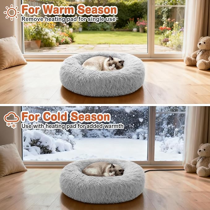 Heated Cat Beds for Indoor Cats and Small Dogs, 24'' Heated Pet Bed with Timer and Temp Adjustable, Cozy Fluffy Round Calming Pet Beds Removable Washable Cover USB Electric Warm Cat Bed- Light Gray