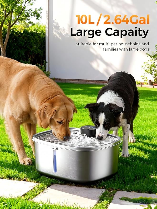 Water Fountain for Dogs Home Outdoor Multi-Pet Stainless Steel 10L/2.64gal Wireless Large Dogs Motion Sensor Dispenser Filtered Cordless Bowl Waterer -Wireless Stainless Steel&1Filters