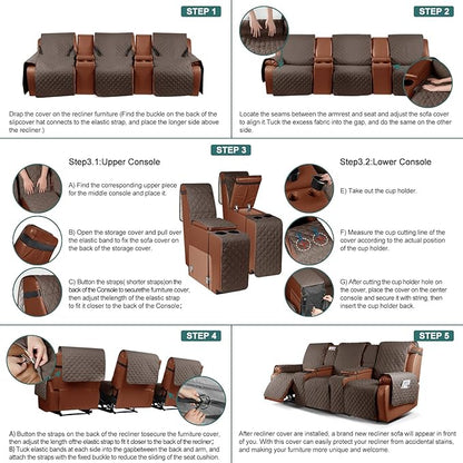 Ruaozz Waterproof Recliner Sofa Cover with Console Non-Slip Couch Covers for Reclining Couches Pet Cover for Double Recliner Sofa Cover with Elastic Straps for Kid Dogs Pets (Brown, 3 Seater)