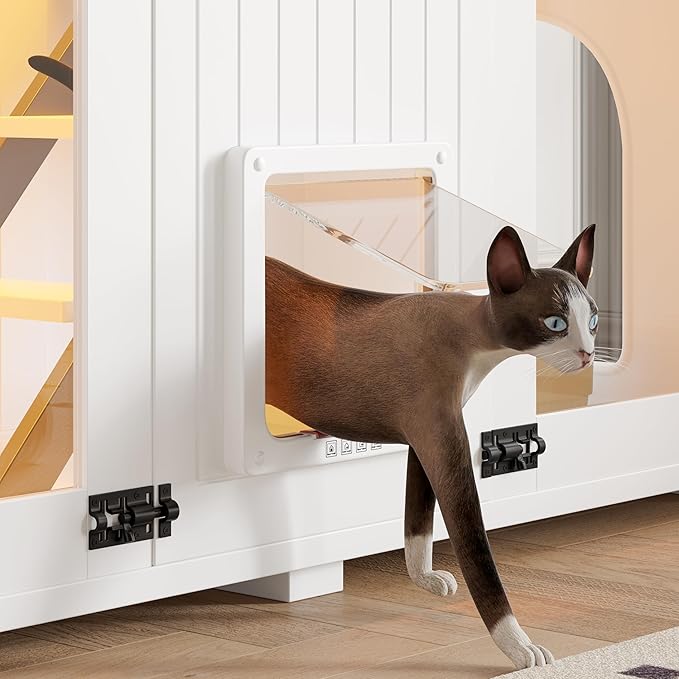 LUMISOL Indoor Cat House with LED Light, Large Cat Litter Box Enclosure with Stairs and Cat Scratching Post, Hidden Litter Box Cabinet Furniture, Side Table with Smart Doors for Living Room, White