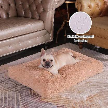 Bedfolks Plush Waterproof Dog Crate Bed, Removable Washable Cover, Faux Fur Pad for Medium Dogs, 29"x21", Camel