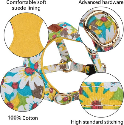 CHEDE No Pull Floral Pattern Dog Harness- Lightweight and Soft Harness, Adjustable Small Dog Harness and Leash Set, with Dog Leash, Suitable for Puppy Small and Medium-Sized Dog