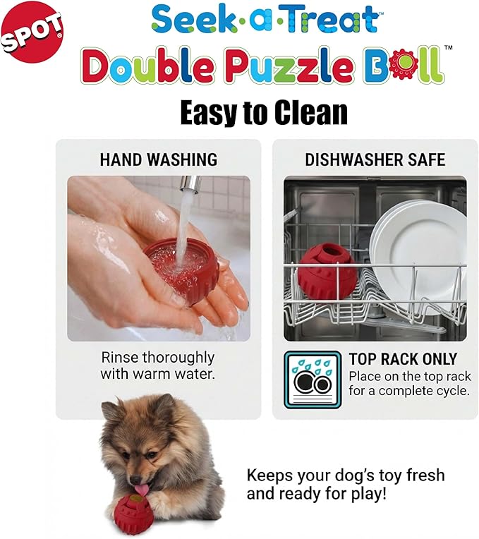 SPOT Seek-A-Treat Double Puzzle Ball Dog Toy, 3.25 in Durable Rubber Treat Dispenser with Dual Openings for Mental Stimulation & Long-Lasting Play, for Dogs up to 50 lbs