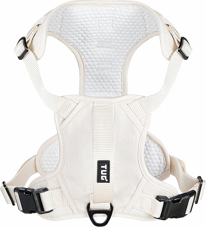 TUG Dog Harness with 2 Leash Connection Points | Adjustable, Padded, Lightweight | Handle on Back | No-Pull Front Clip (Small, Cream)