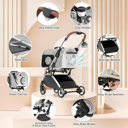 MoNiBloom Pet Stroller with Detachable Carriers, Clear Hard Trolley Case for Small Medium Dogs Cats, Breathable Mesh Windows, One Hand Fold & All-Terrain Wheels