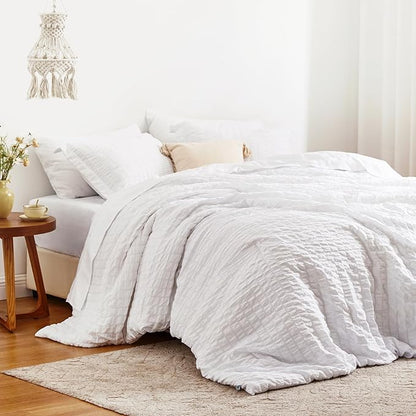 Love's cabin Seersucker White Full Comforter Set, 7-Piece All Season Lightweight Bed in a Bag Bedding Set with Comforter, Flat Sheet, Fitted Sheet, Pillowcases and Shams | Soft, Breathable, Lightweight