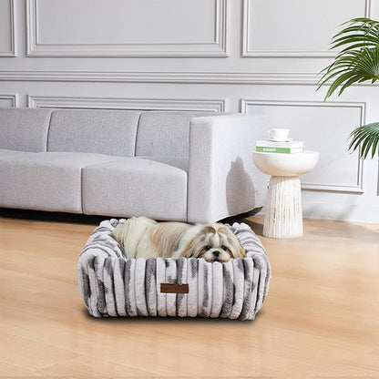 Modern Threads Ribbed Plush Two-Tone Cuddler Dog Bed, Ultra-Soft Faux Rabbit Fur, Supportive Bolstered Sides, Removable Washable Cover, Bed for Small to Medium Dogs, Silver, (24" L x 20" W x 8" Th)