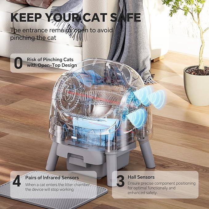 Mimfam Automatic Self Cleaning Litter Box, with 4 Pairs Infrared Senor, Open-Top Design for Multi-Cat Homes, Comes with Liner Bags and Cat Litter Mat, Grey