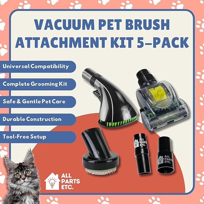 Vacuum Pet Brush Attachment Kit 5-Pack – Dog Grooming Tools with Turbo Brush, Massage Nozzle & 2 Adapters – Fits 1.25", 1.5", 1-3/8" Hoses – Compatible with Shop Vac, Shark, Miele, Bissell & More