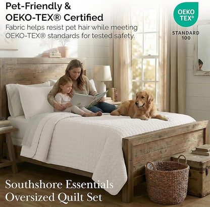 Southshore Fine Living, Inc. Quilted Summer Comforter, Queen Size Bedding Set with 2 Quilted Pillow Shams, Geometric Circle Design Coverlet, Queen/Full Size Bedspread, Lightweight Quilt, Bone