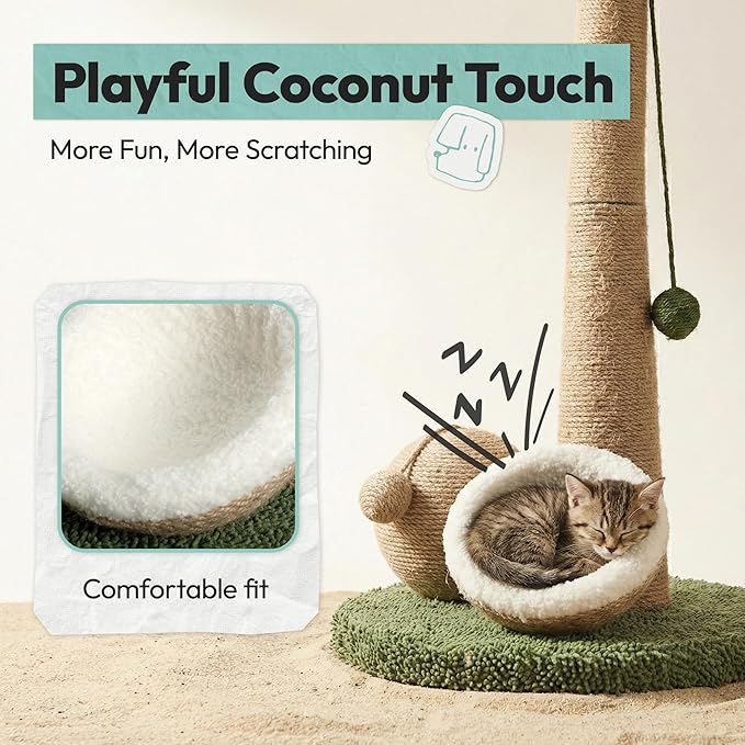 33" Tall Cat Scratching Post, Natural Jute Cat Scratcher for Indoor Cats,Twin Coconuts & Tree Design with Hanging Toy Ball & Rest Platform,Stable Furniture Protector for Kittens & Adult Cats,M
