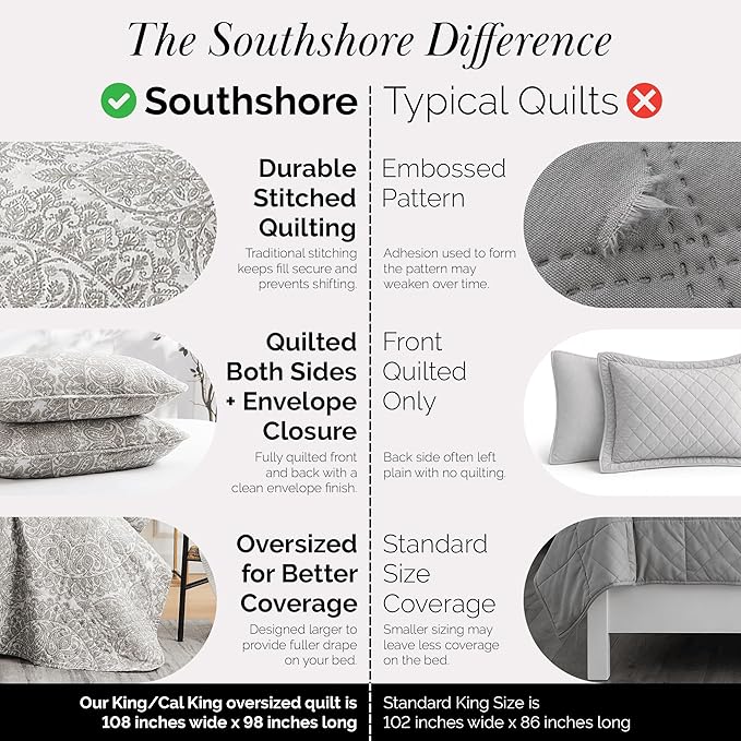 Southshore Fine Living, Inc. Ashanti Collection Oversized King Quilt Bedding Set, Soft Fabric, Lightweight Bedspread 3-Piece, Two Matching Shams (108 in Wide x 98 in Long), Cal/King Quilt Sets, Bone