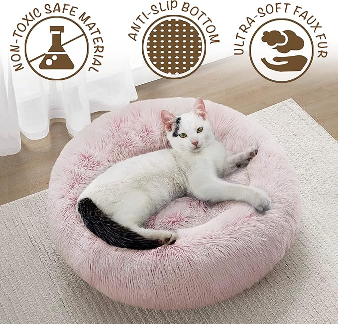 Friends Forever Donut Dog Bed Faux Fur Fluffy Calming Sofa For Small Dogs, Soft & Plush Anti Anxiety Pet Couch For Dogs, Machine Washable Coco Pet Bed with Non-Slip Bottom, 23"x23"x6" Pink