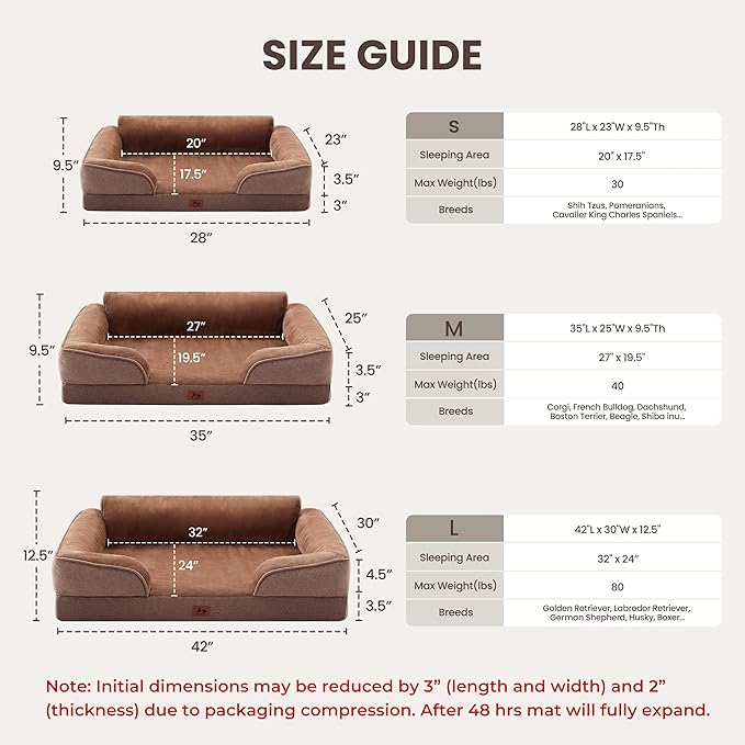 Orthopedic Dog Beds for Medium Size Dogs, Waterproof Egg-Crate Foam Pet Couch Bed with Soft Sides, Non-Slip Dog Sofa with Flannel Removable Washable Cover, 28" L Supportive Pet Sofa, Brown