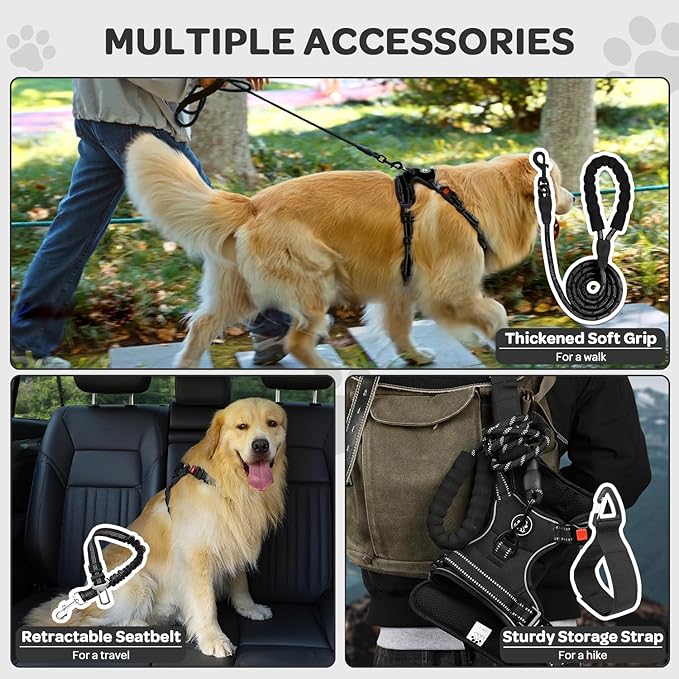 FURRYFECTION Plaid Dog Harness for Large Dogs, Reflective No Pull Adjustable Pet Vest with Front Clip, Leash, Easy Control Handle and Seat Belt, Black, L